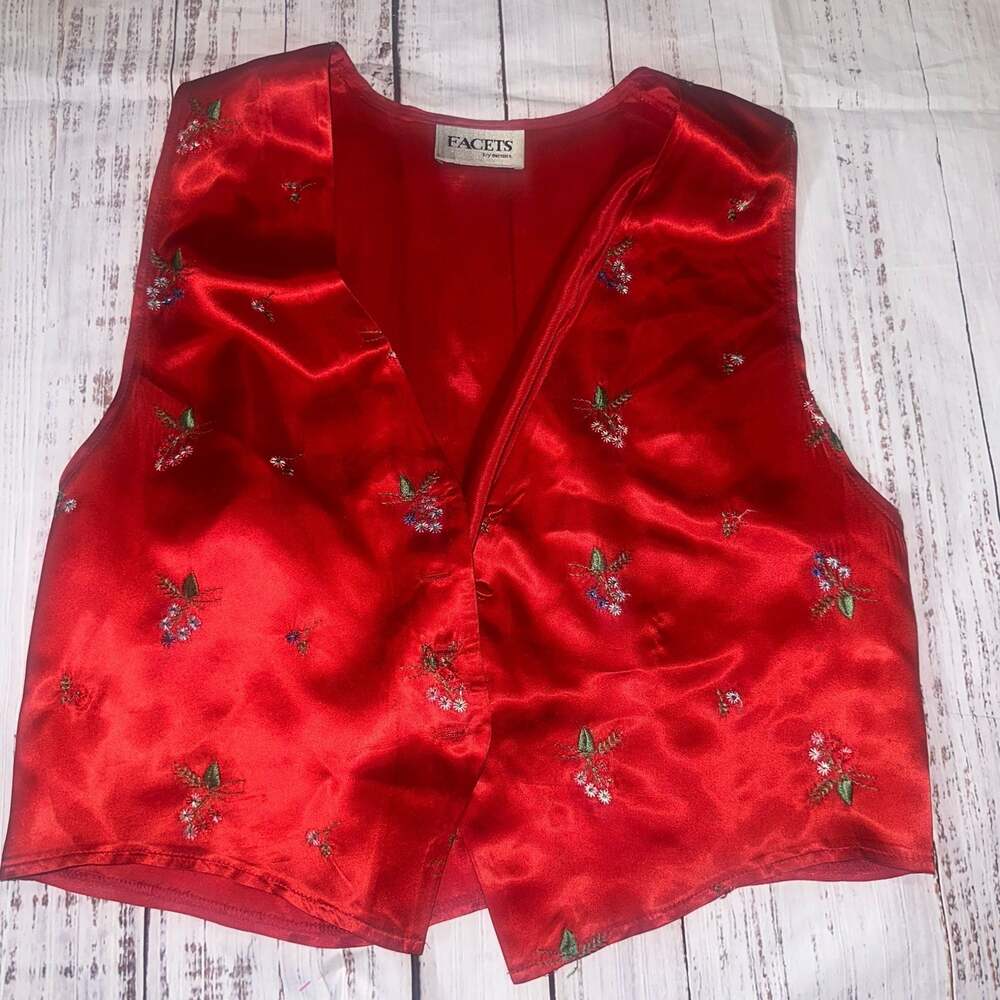 Vintage Red Satin Floral Embroidered Y2K Fairy Top